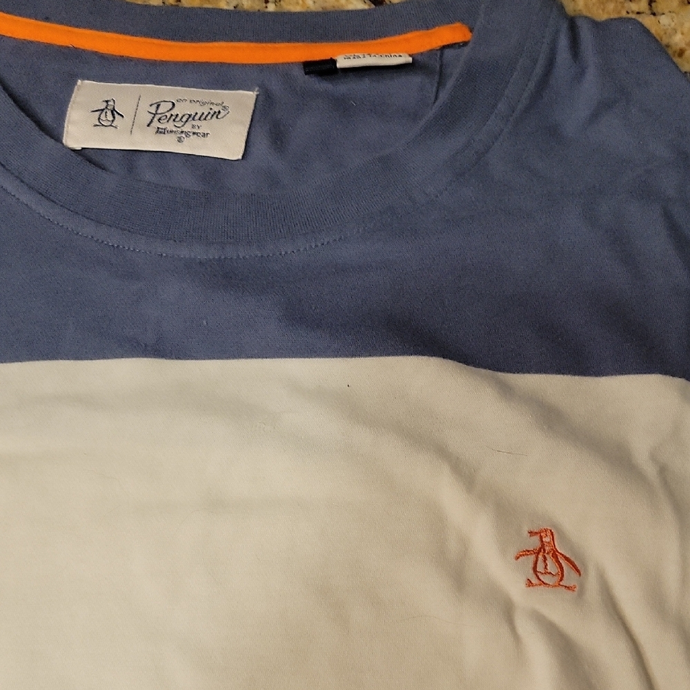 Mens XL Original Penguin Blue & White Colorblock Short Sleeve Tee Orange Logo